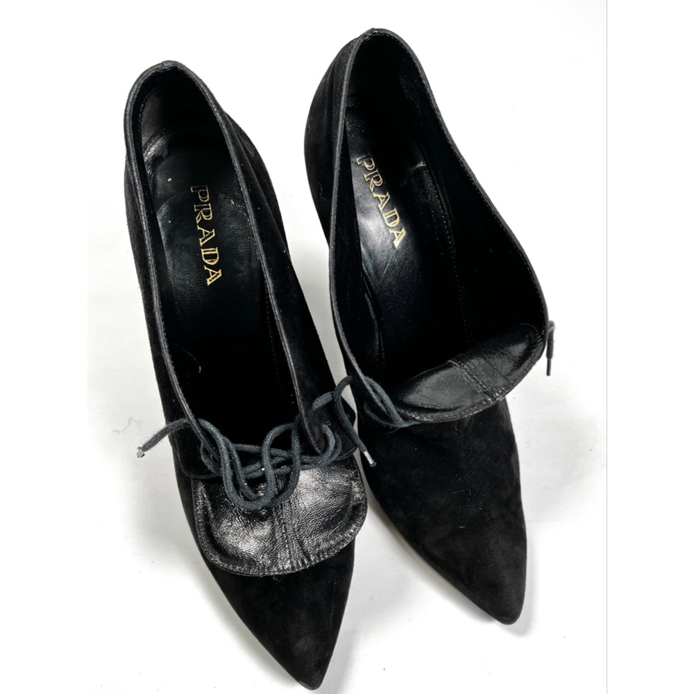 Prada Womsns Boots Black Suede Pointed Toe Lace-Up Ankle Boots Botie US 40 - Picture 9 of 9